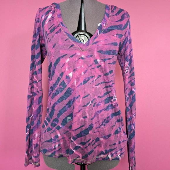 Erge Karen Hooded Burnout V-neck Long-Sleeve Top in Fuchsia/Navy Zebra Print XS - Picture 1 of 7
